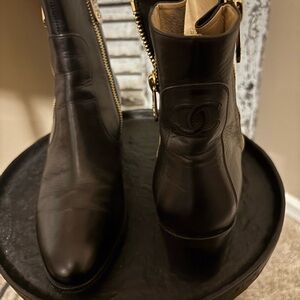 Black Chanel Leather Ankle Boots with Gold Zippers